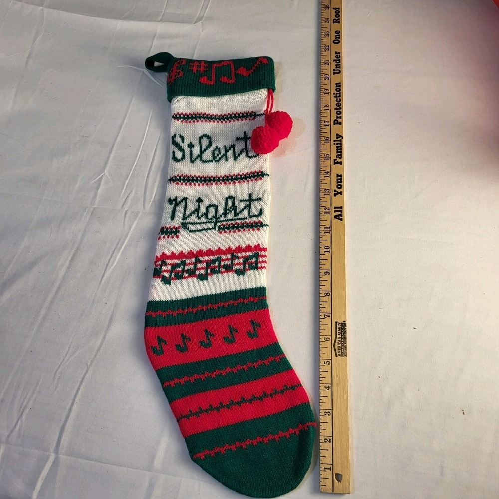 Vtg 22" Acrylic Knit Christmas Stocking Silent Night Pompom Taiwan - Picture 2 of 4